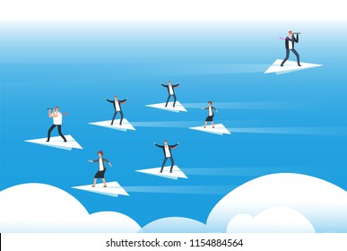 Individual thinking and new direction. Businessmen standing on paper planes. Unique solutions and believe yourself vector concept. Illustration of individual direction way, idea independent
