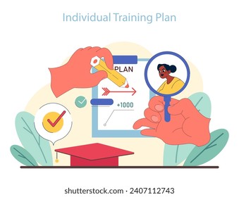 Individual Training Plan concept. Tailored skill development with clear goals and rewards. Monitoring progress under scrutiny. Flat vector illustration.