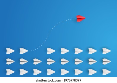 Individual and unique leader red paper plane flies to the side. Individuality concept. Think different. Vector illustration 