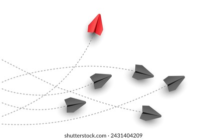 Individual and unique leader red paper plane flies to the side. Individuality concept. Vector illustration 