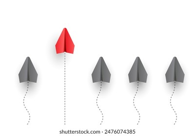 Individual and unique leader red paper airplane flying first. Vector illustration. Concept of individuality. 