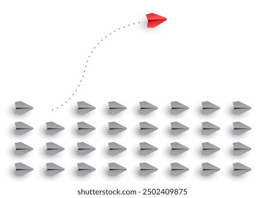 Individual and unique leader red paper plane flies to side. Individuality concept. Think different. Vector illustration 