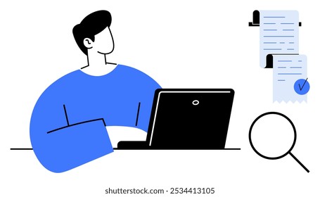 Individual using a laptop sits at a desk focusing on paperwork. Nearby are documents with a checkmark and a magnifying glass. Ideal for productivity, remote work, research, organization, digital