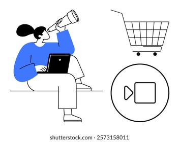 Individual using a laptop and a telescope sitting alongside a shopping cart icon and a video play icon. Ideal for e-commerce digital marketing technology online shopping and media communications