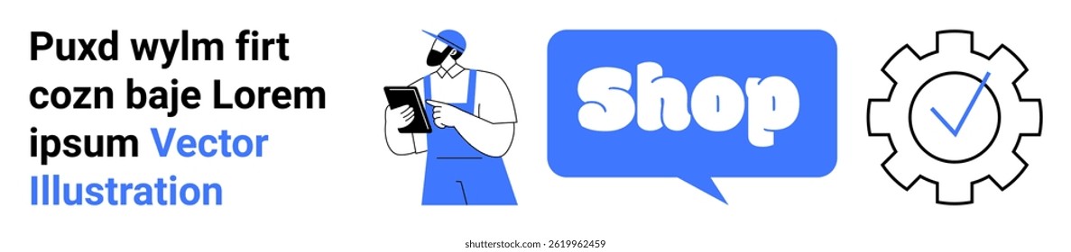 An individual wearing a cap and apron holds a clipboard next to a speech bubble displaying the word Shop and a gear with a check mark. Ideal for shopping, tech support, online services, e-commerce