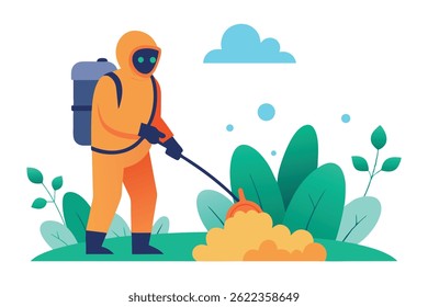 An individual wearing an orange hazmat suit with a blue backpack is spraying something near stylized plants. The background features a blue cloud and dots. The background is transparent.