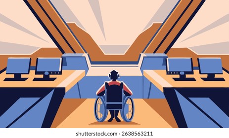 Individual in wheelchair, wearing headphones, is seated at a futuristic control center with multiple computer screens, showcasing an innovative workspace environment for accessibility and technology