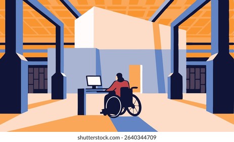 Individual in wheelchair working at a desk with computer in a spacious modern office environment featuring bright colors and geometric shapes, emphasizing accessibility and innovation