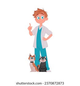 An individual who looks after animals and is adorable and amusing is always surrounded by many animals. Vector Illustration.