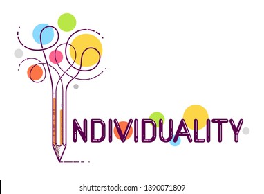 Individual word with pencil instead of letter I, individuality and personality concept, vector conceptual creative logo or poster made with special font.