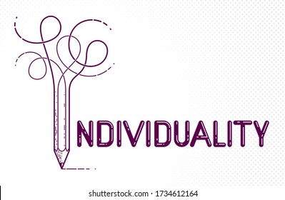 Individual word with pencil instead of letter I, individuality and personality concept, vector conceptual creative logo or poster made with special font.