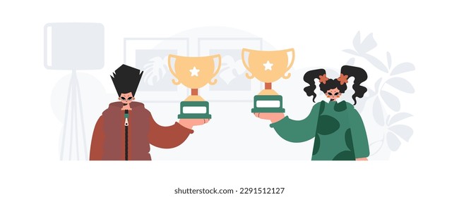 The individual and the youthful woman are holding the winner's glass. Trendy style, Vector Illustration