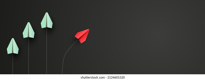 Individuality concept. Individual and unique different leader red paper plane flies to the side. Vector illustration 