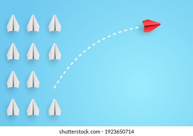 Individuality concept. Individual and unique leader red paper plane flies to the side. Vector illustration 