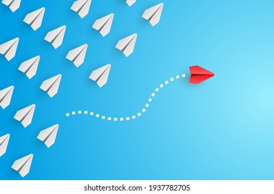 Individuality concept. Individual and unique leader red paper plane flies to the side. Vector illustration 