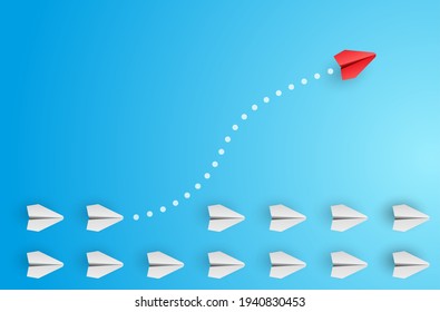 Individuality concept. Individual and unique leader red paper plane flies to the side. Vector illustration 