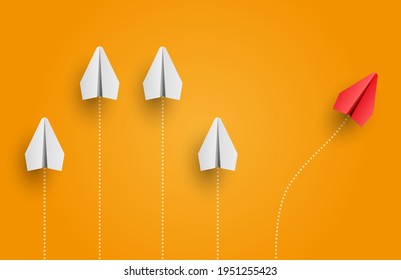 Individuality concept. Individual and unique leader red paper plane flies to the side. Vector illustration 