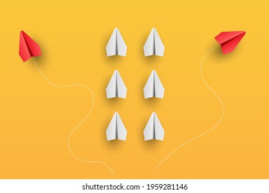 Individuality concept. Individual and unique leader red paper plane flies to the side. Vector illustration 