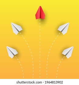 Individuality concept. Individual and unique leader red paper plane flies to the side. Think different. Vector illustration 
