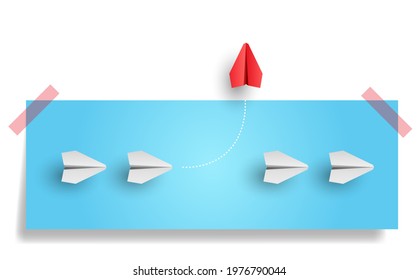 Individuality concept. Individual and unique leader red paper plane flies to the side. Vector illustration 