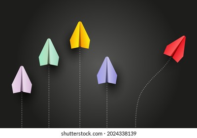 Individuality concept. Individual and unique leader red paper plane flies to the side. Vector illustration 