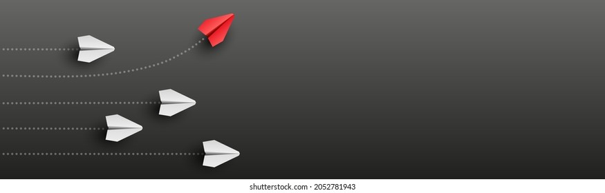 Individuality concept. Individual and unique leader paper plane flies to the side on blank background. Vector illustration 