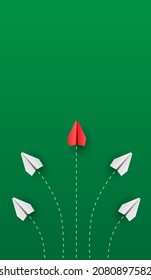Individuality concept. Individual and unique leader red paper plane flies to the side. Think different. Vector illustration 