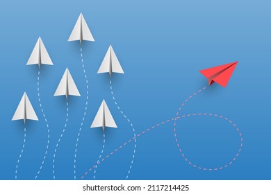 Individuality concept. Individual and unique leader red paper plane flies to the side. Vector illustration