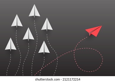 Individuality concept. Individual and unique leader red paper plane flies to the side. Vector illustration