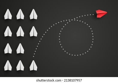 Individuality concept. Individual and unique leader red paper plane flies to the side. Vector illustration 