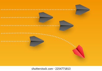Individuality concept. Individual and unique leader red paper plane flies to the side. Vector illustration 
