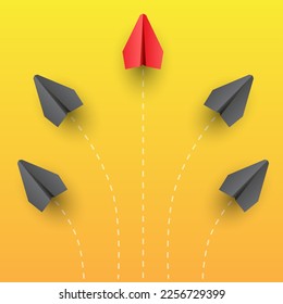 Individuality concept. Individual and unique leader red paper plane flies to the side. Think different. Vector illustration 