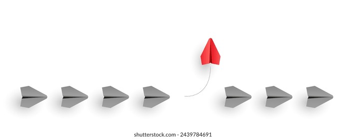 Individuality concept. Individual and unique leader red paper plane flies to side. Vector illustration 