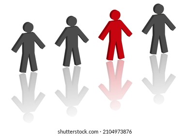 Individuality concept. One individual red man with different black. 3d vector Illustration
