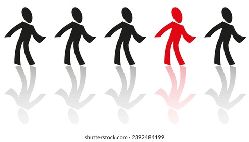Individuality concept. One individual red dance man with different black. Vector Illustration
