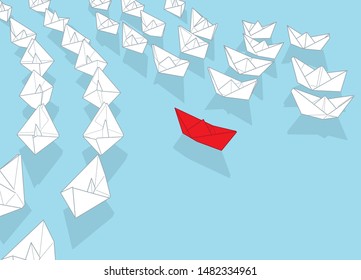 Individuality concept. Single red paper boat steering against a stream of white ones vector illustration.