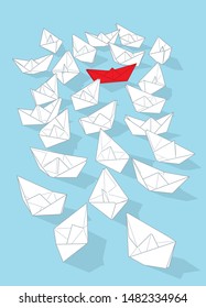 Individuality concept. Single red paper boat between white ones vector illustration.