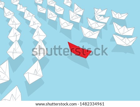Individuality concept. Single red paper boat steering against a stream of white ones vector illustration.