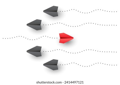 Individuality concept. Think different. Individual and unique red paper plane flies to opposite side. Vector illustration 