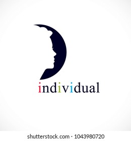 Individuality concept vector logo or icon, woman face profile over dark circle, vector design.