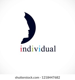 Individuality concept vector logo or icon, man face profile over dark circle, vector design.