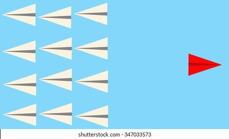 Individuality, contrast, standing out from the crowd concept. Paper planes flying in different opposite or different directions. 