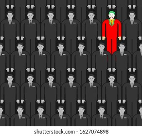 Individuality in gray crowd pattern seamless. Man in bright suit in group people background. Contrasting individual concept
 
