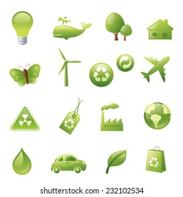 Individually grouped green environmental icons.
