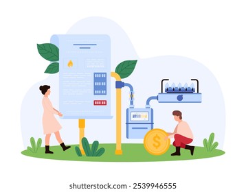 indivíduos que analisam o consumo de energia e os custos associados, com grandes contas, medidores de gás e símbolos monetários, enfatizando o gerenciamento eficiente de recursos e a ilustração vetorial de economia de custos.