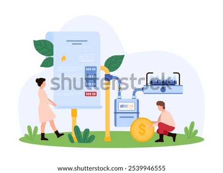 individuals analyzing energy consumption and associated costs, with large bill, gas meter, and monetary symbols, emphasizing efficient resource management and cost-saving vector illustration.