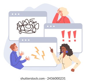 Individuals arguing, with speech bubbles showing chaos and exclamation points, symbolizing miscommunication. Vector illustration set
