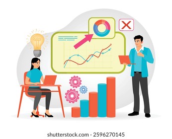 Individuals collaborate on business data, analyze graphs, and create strategy, innovation, communications, and professional business environments. Flat vector modern illustration