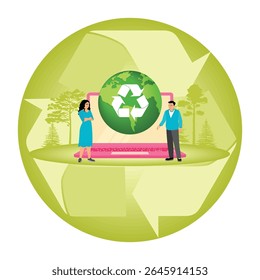 Individuals collaborating around a green globe and digital elements while emphasizing environmental sustainability with technology. Sustainable energy concept.