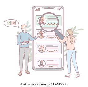Personas que realizan un análisis profundo de las calificaciones de los usuarios y un Comentarios detallado en una aplicación móvil